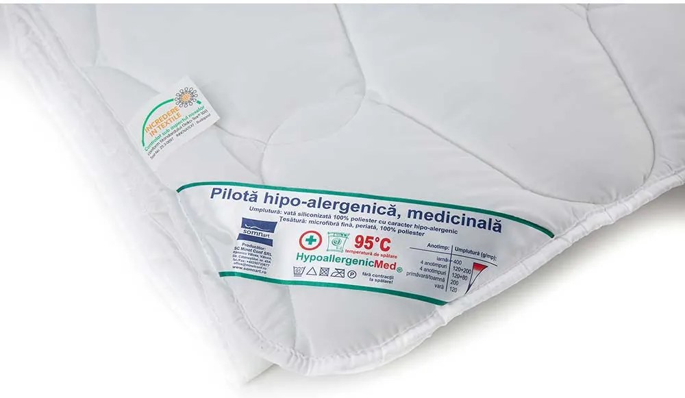PILOTA HIPOALERGENICA, MEDICINALA, 400 G/MP, 200X220 CM, ANOTIMP IARNA, MATERIAL HUSA MICROFIBRA, UMPLUTURA POLIESTER, ALB