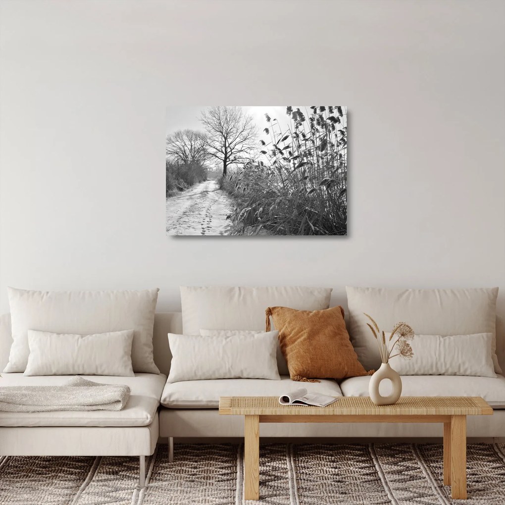 Tablou pe sticlă - Câmpuri în timpul iernii (70x50 cm)