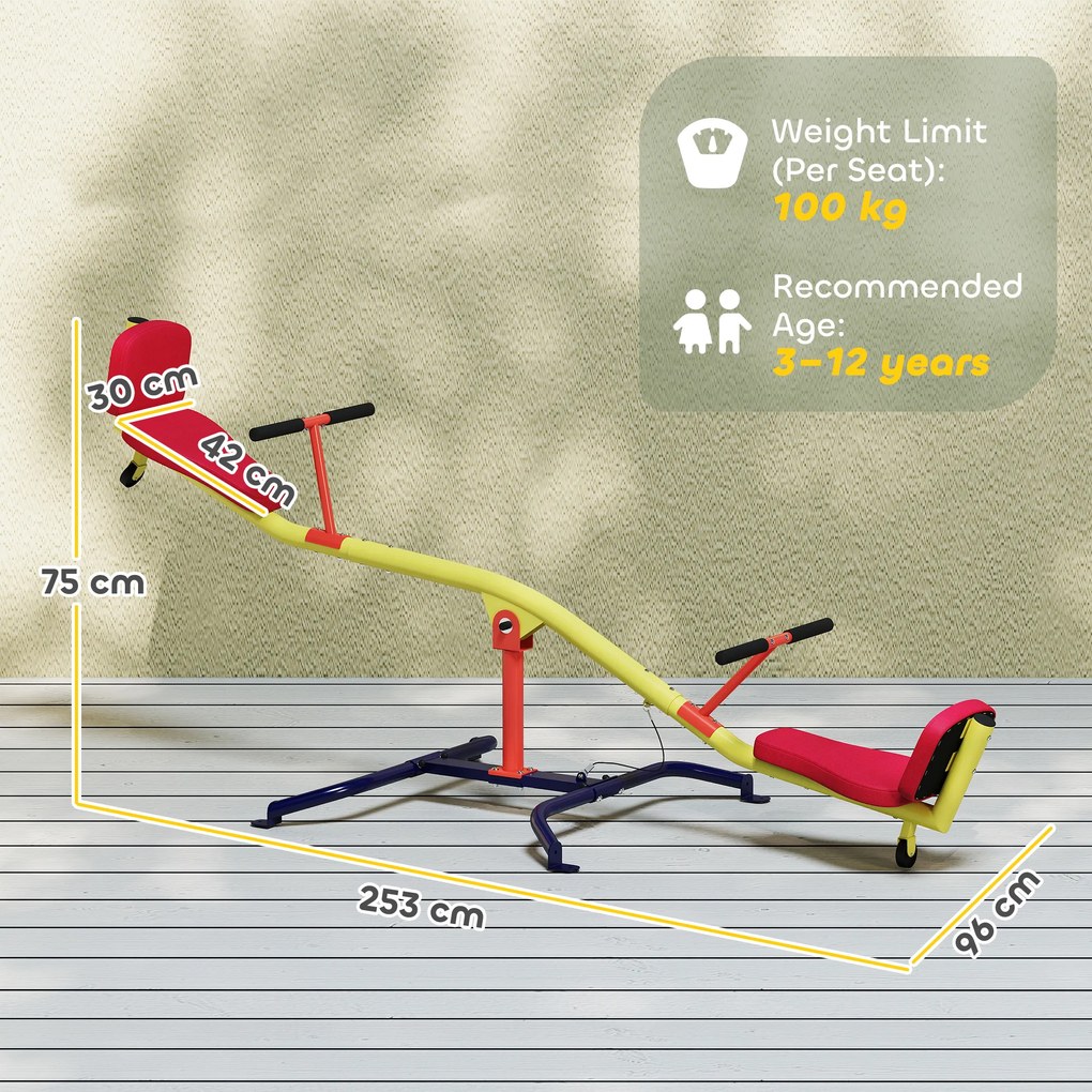 AIYAPLAY Balansoar pentru Copii Rotativ 360°, Capacitate 200kg, 2 Locuri cu Mânere Antiderapante, Scaune Capitonate, Spătar, Roți, 253x96x75 cm, 3-12 Ani | Aosom Romania