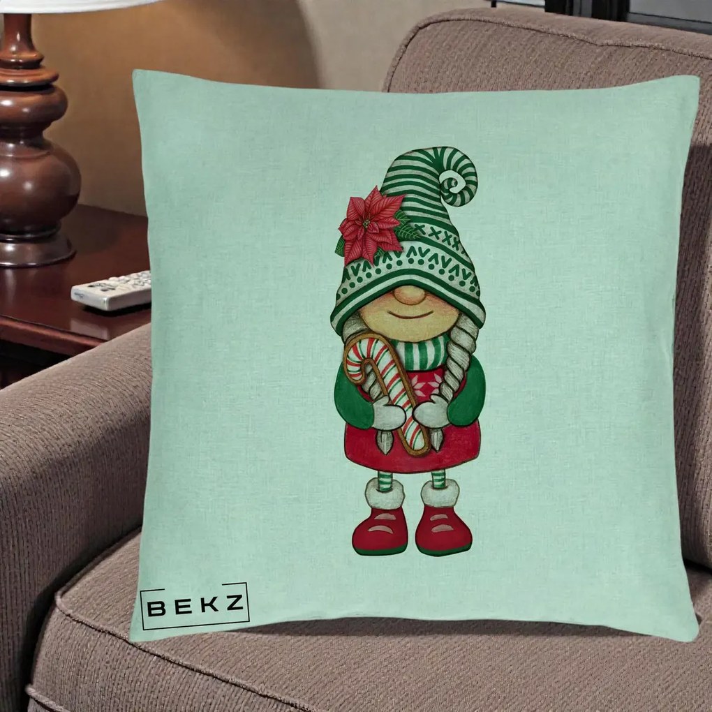 Perna Decorativa Gnom Craciun Verde cu Bomboane si Floare, 40x40 cm, Verde Menta, Husa Detasabila, Perna Inclusa, BEKZ®