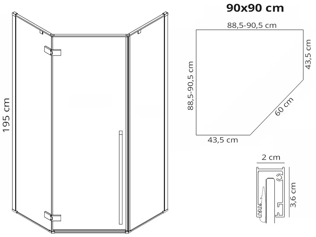 Cabina dus cu cadita de dus pentagonala cu usa batanta Rea Diamond 90x90 auriu - alb