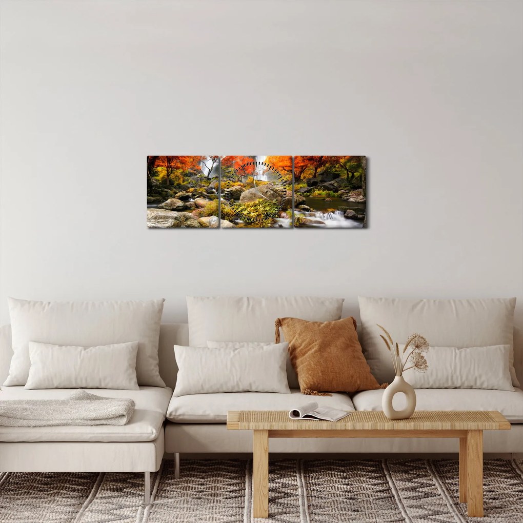 Tablou - Cascade în pădurea portocalie (cu ceas) (90x30 cm)