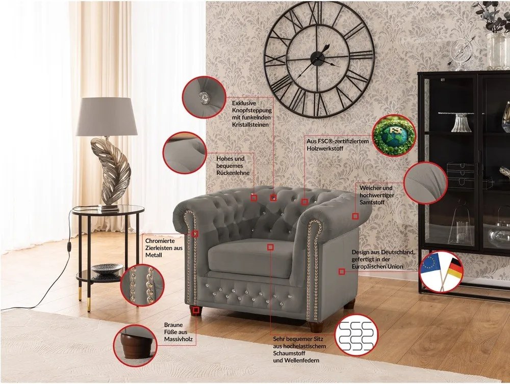 Fotoliu gri chesterfield cu tapițerie din catifea York Blik – Ropez