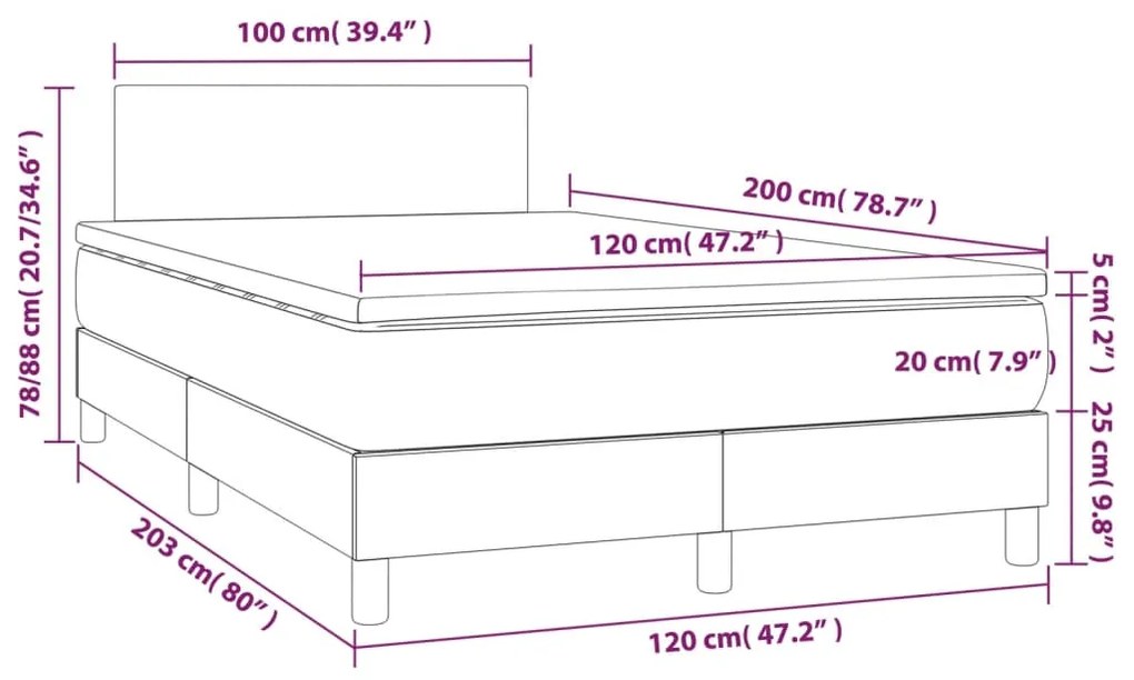 Pat cu arcuri, saltea si LED, maro inchis, 120x200 cm, textil Maro inchis, 120 x 200 cm, Design simplu