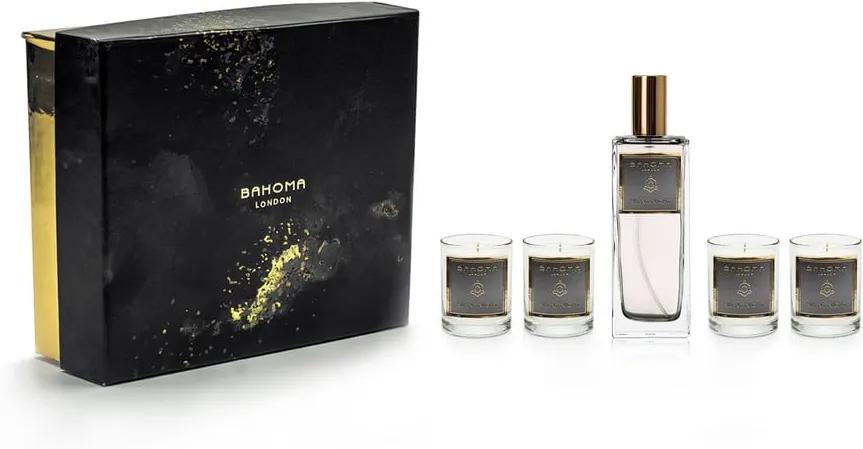Set 4 lumânări parfumate și parfum de casă, în cutie de cadou, cu aromă de iasomie și vanilie Bahoma London