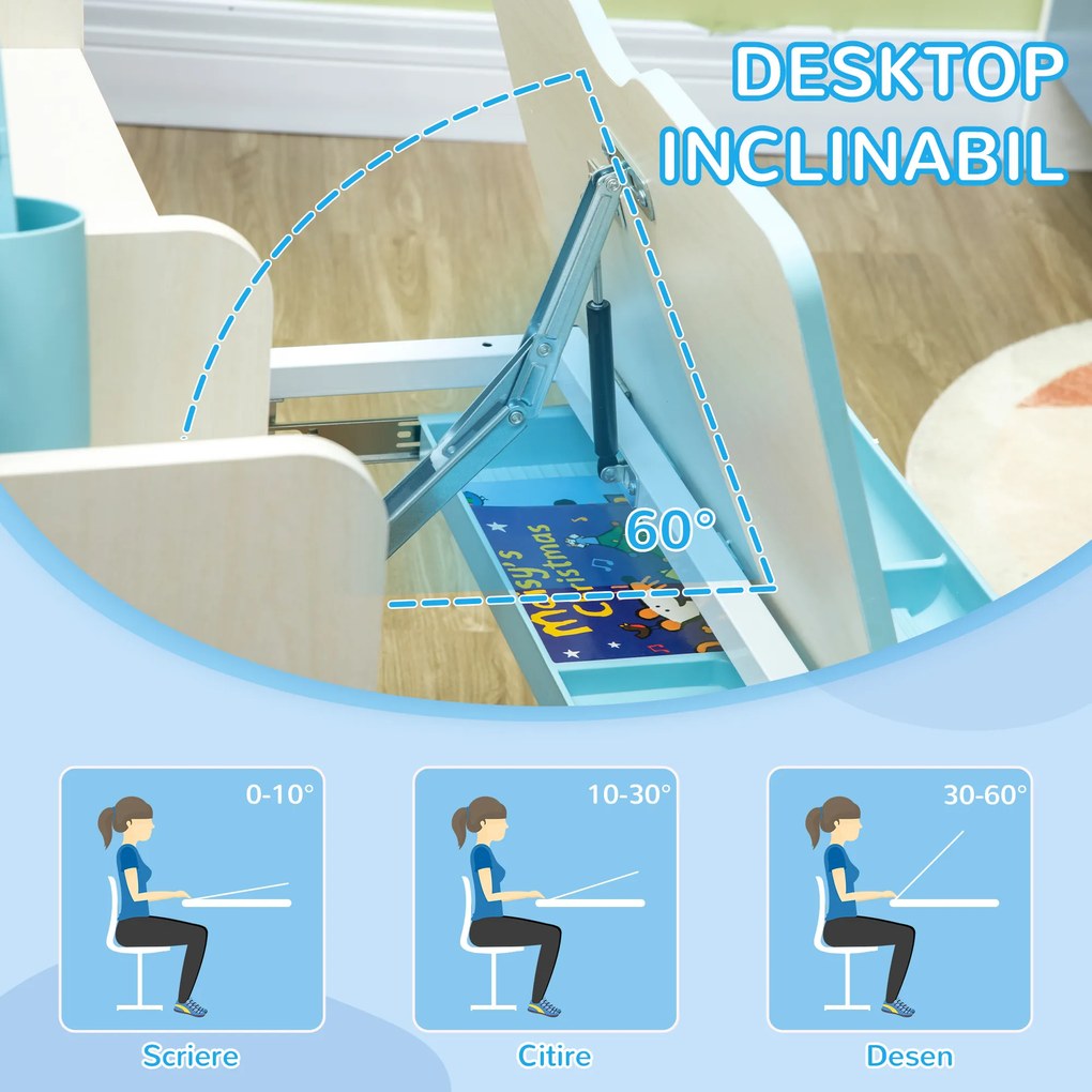 HOMCOM Set Birou și Scaun pentru Copii Reglabile, Inclinabilă la 60° cu Sertar, Rafturi și Suport, 3+ Ani, Albastru | Aosom Romania