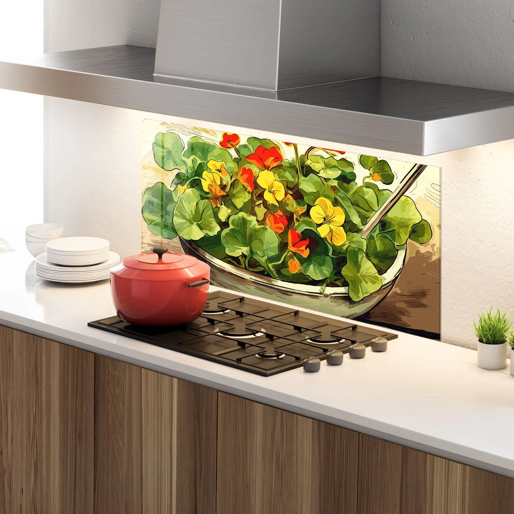 Panou Sticla Bucatarie, 60x150cm, Protectie aragaz, Antistropi, Termorezistent, Alimente, Legume, Flower Food