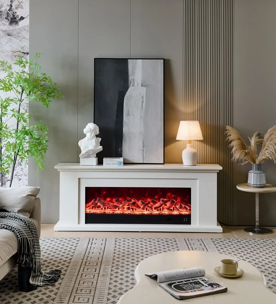 Șemineu electric cu efect LED realist cu 12 culori, Comodă TV, design elegant, control vocal și telecomandă, fără încălzire, 180 cm, Alb