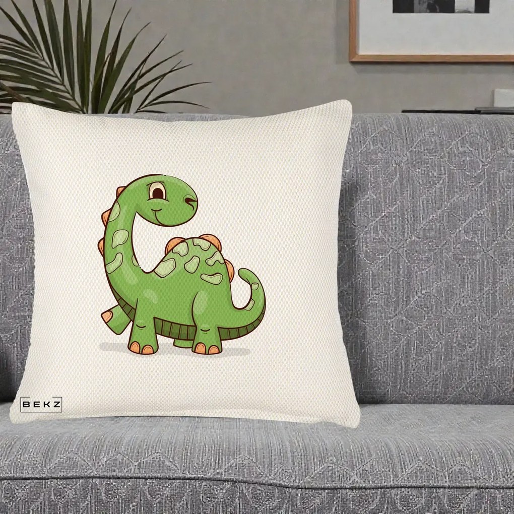 Perna Decorativa Brontosaur Verde Simpatic, 40x40 cm, Crem Reliefat, Husa Detasabila, Perna Inclusa, BEKZ®