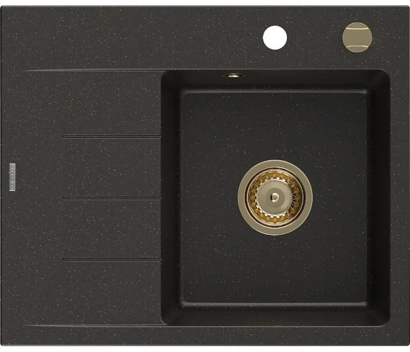 Mexen Ben chiuvetă de granit cu 1 cuvă și picurător, dreapta 600 x 500 mm, negru/auriu metalic, sifon auriu
