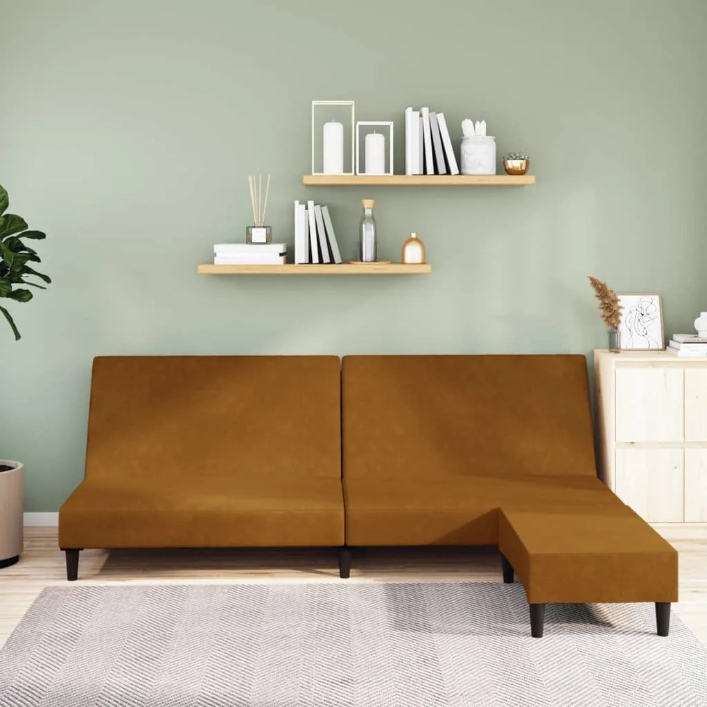 3080498 vidaXL Canapea extensibilă cu taburet, 2 locuri, maro, catifea