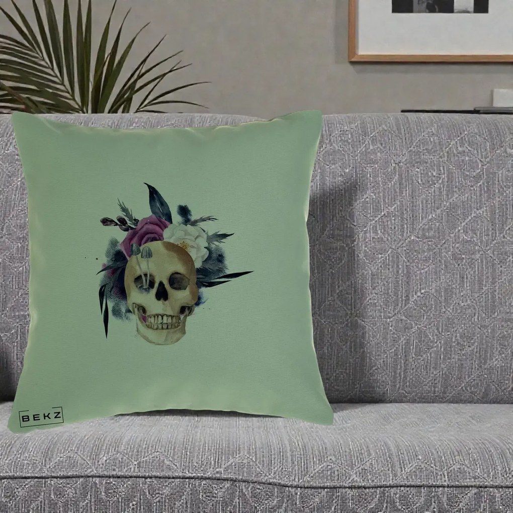 Perna Decorativa Craniu Floral cu Trandafiri si Ciuperci, 40x40 cm, Verde, Husa Detasabila, Perna Inclusa, BEKZ®