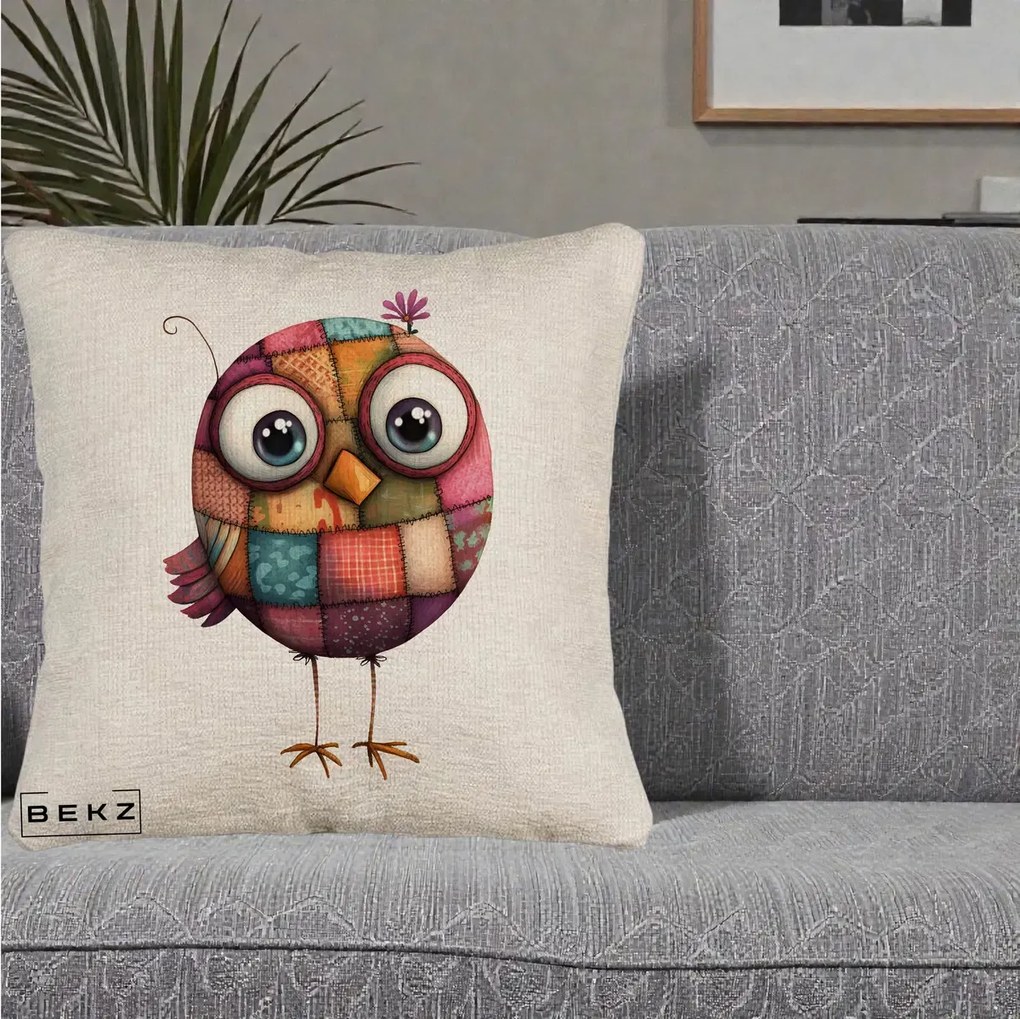 Perna Decorativa Pasare Patchwork Roz cu Floare, 40x40 cm, Bej Canapea, Husa Detasabila, Perna Inclusa, BEKZ®