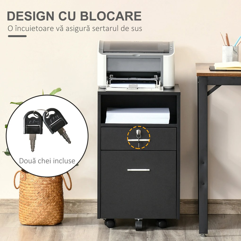 Vinsetto Comodă de Birou cu 2 Sertare și Raft Deschis, Mobilier cu 5 Rotile, Încuietoare și 2 Chei, 39x40x65 cm, Negru | Aosom Romania