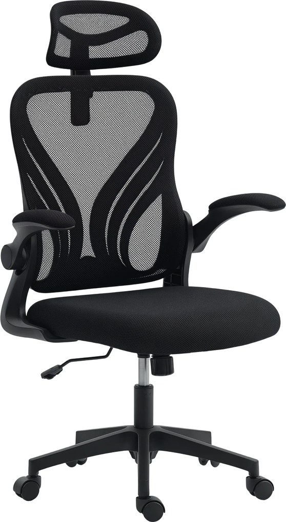 HOMCOM Scaun de Birou Ergonomic cu Brațe Rabatabile și Spătar Pliabil, Scaun de Birou cu Funcție Balansoar, Tetieră Reglabilă, Șezut Rotativ, Negru | Aosom Romania