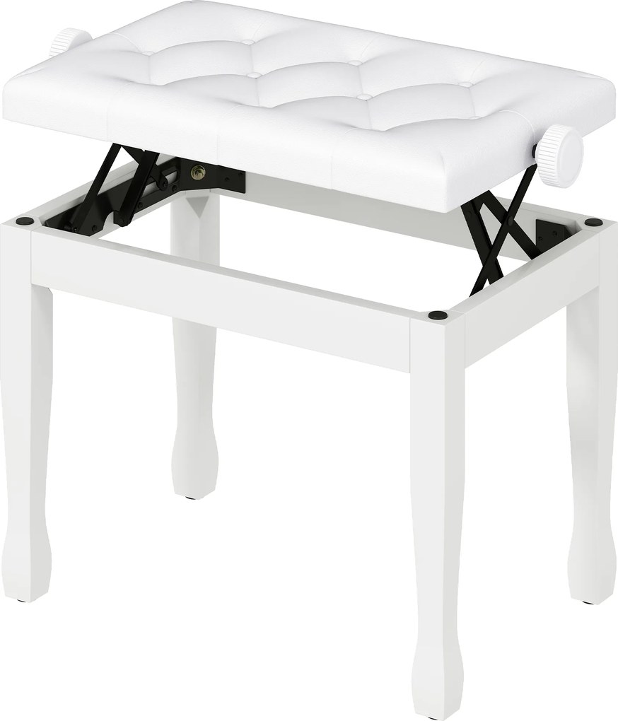 HOMCOM Banchetă de pian, banchetă pentru claviatură cu înălțime reglabilă din lemn masiv, șezut căptușit, 64 x 35 x 45-55 cm, alb | Aosom Romania