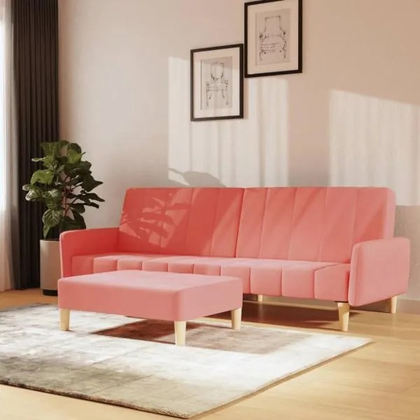 vidaXL Canapea extensibilă 2 locuri, cu taburet, roz, catifea