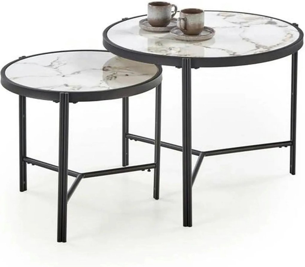 Set 2 masute cafea FATIMA, alb cu efect de marmura/negru, ceramica/met