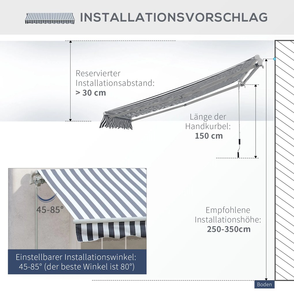 Outsunny Markiză cu Brațe Articulate Protecție Solară Manivelă Balcon Aluminiu Gri Alb 2,95 x 2,45 m | Aosom Romania