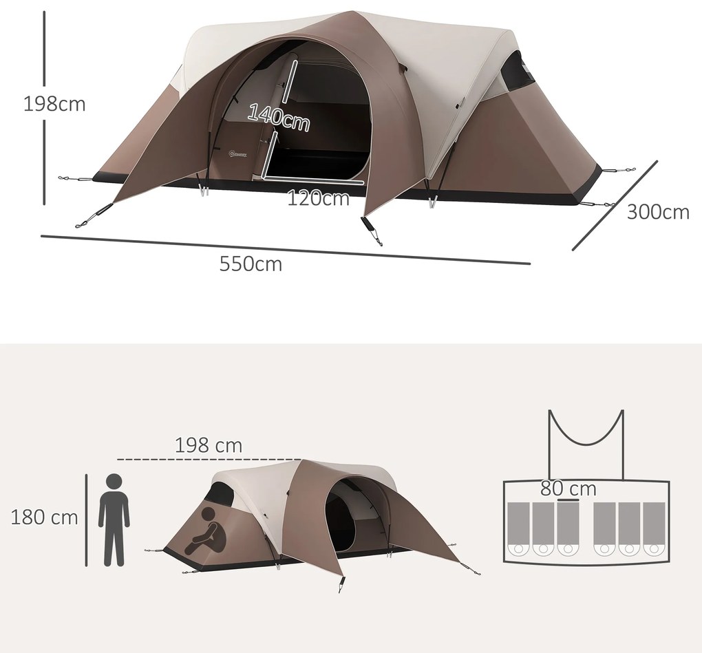 Outsunny Cort de camping pentru familie 5-6 persoane impermeabil, ușor, ventilat cu sac de transport, dim. 550L x 300l x 198H cm | Aosom Romania