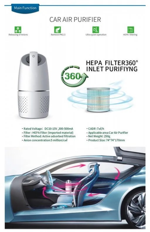 Purificator de aer pentru automobil OBERON 05A, 8m³/h, 360°, Ultra silentios, Hepa + ionizator, LED, Alb
