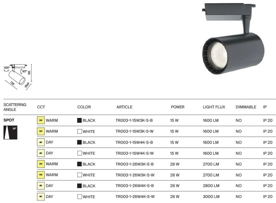 Spot LED, accesoriu pentru sinele monofazate Unity, Vuoro alb 15W 4000K