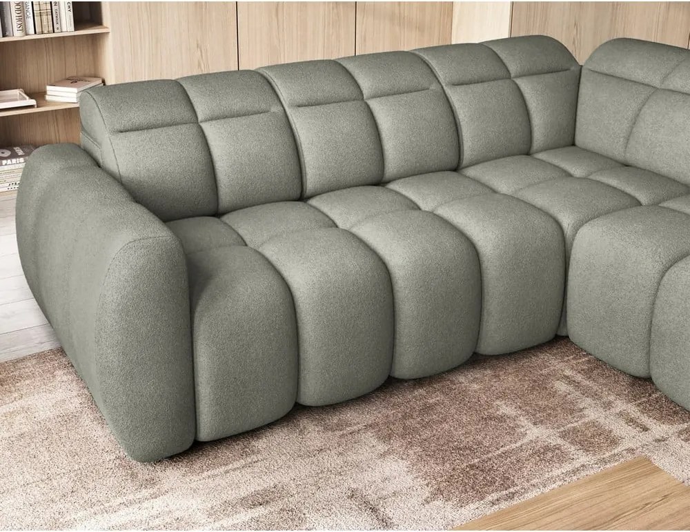 Colțar verde prăfuit extensibil/cu spațiu de depozitare cu tapițerie din țesătură bouclé (cu colț pe partea dreaptă/în formă de ”L”) Falconn – ELTAP