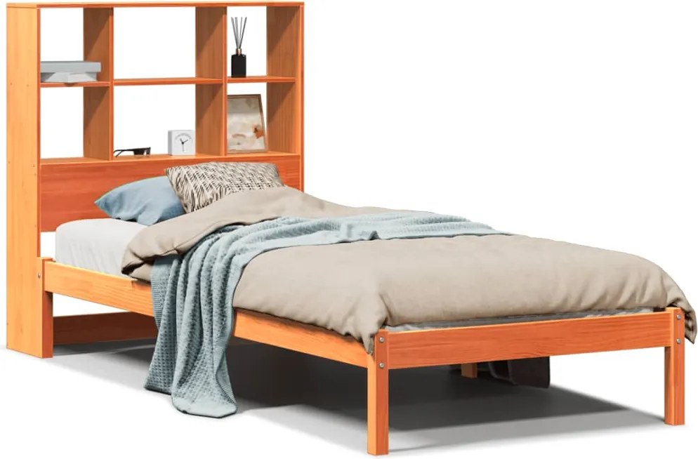 vidaXL Pat cu bibliotecă fără saltea, maro, 100x200 cm, lemn masiv pin