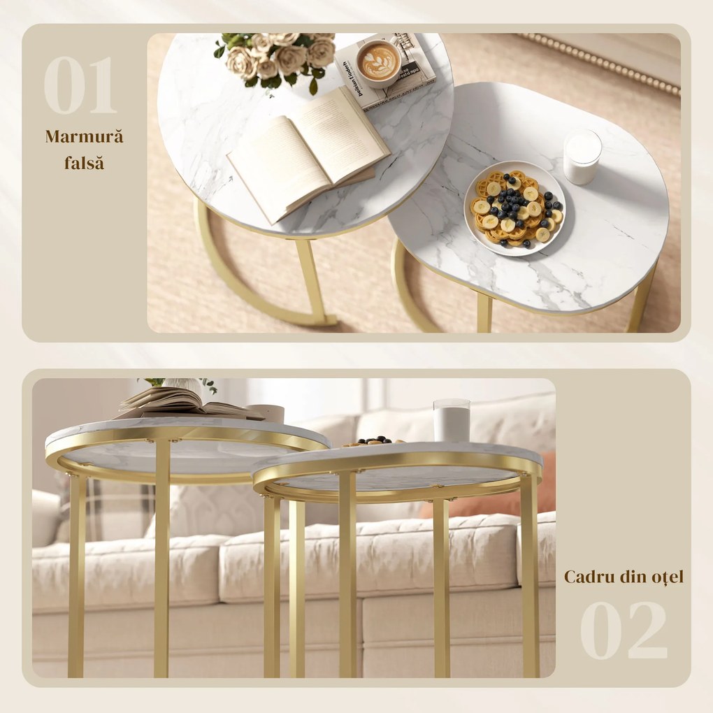 HOMCOM Set 2 Măsuțe de Cafea cu Blat cu Efect de Marmură din MDF și Oțel, Ø50x50.5 cm și 60x36x43.5 cm, Alb și Auriu | Aosom Romania