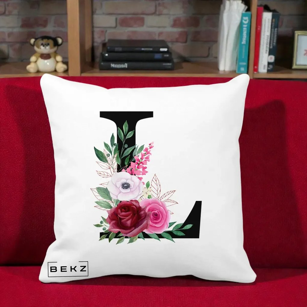 Cadou Personalizat - Perna Personalizata Monograma Florala Litera L, 40x40 cm, Alba Mata, Husa Detasabila, Perna Inclusa, BEKZ®