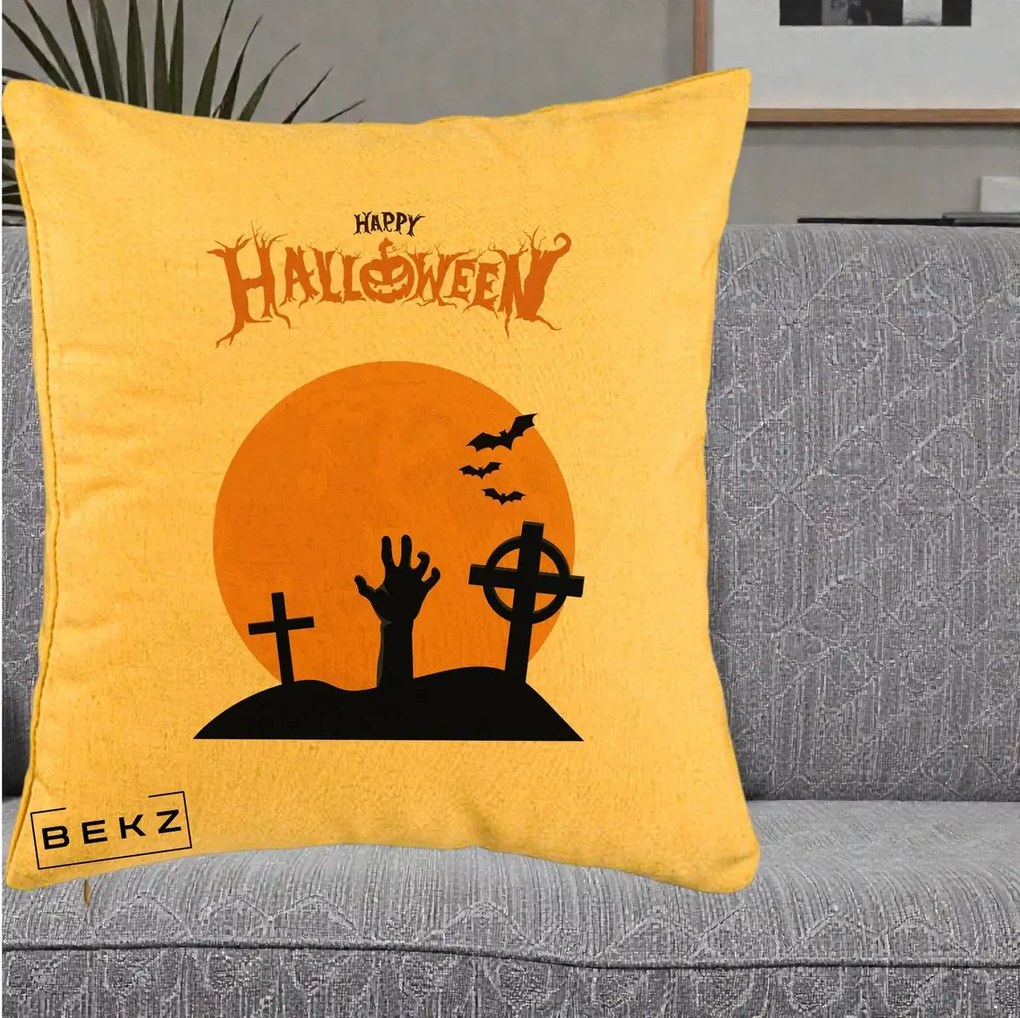 Perna Decorativa Happy Halloween Cimitir cu Luna, 40x40 cm, Galben, Husa Detasabila, Perna Inclusa, BEKZ®
