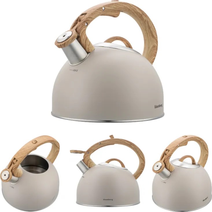 Ceainic cu fluier Klausberg KB 7913, 2.5 L, Maner cu efect de lemn, Inductie, Bej