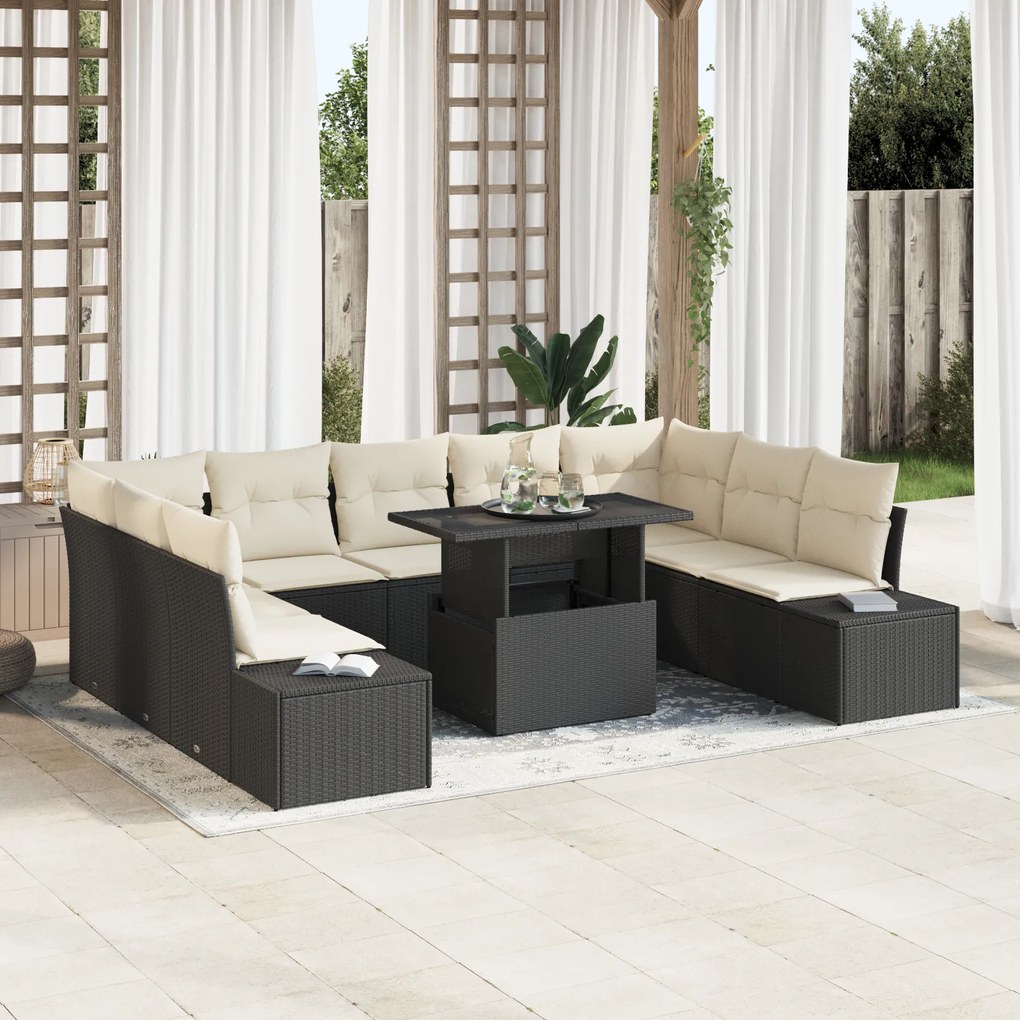 vidaXL Set de canapele pentru grădină cu pernă 10 pcs negru și crem