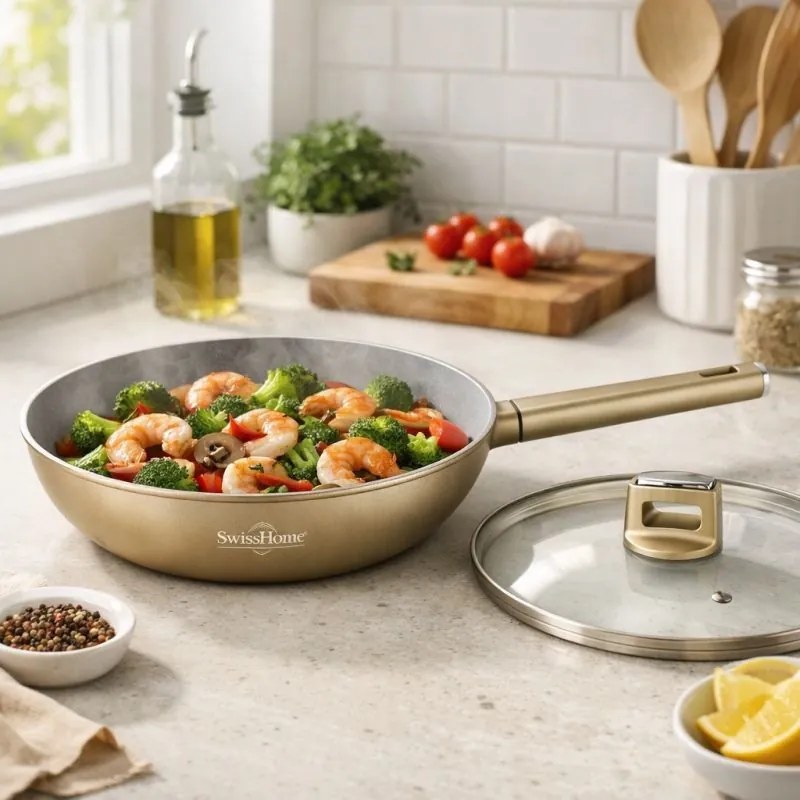 Tigaie wok cu capac Swiss Haus Speiez Castle SH-SCW28CH, 4,2 l, 28 cm, Acoperire ceramica Sapphire, pentru toate plitele inclusiv inductie, Sampanie