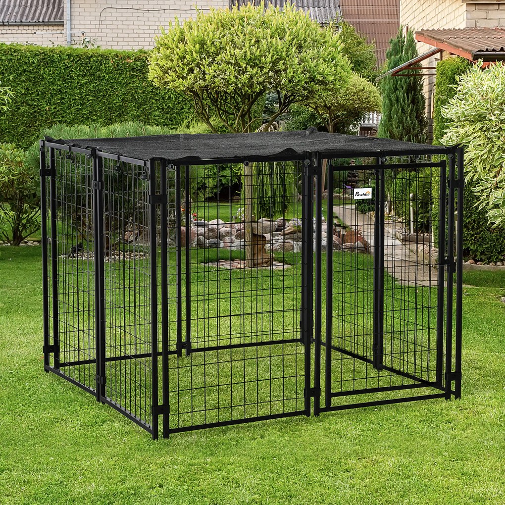 PawHut Tarc Caini Oțel Pliabil cu Acoperiș 8 Panouri Ușă Blocabilă Negru 141x141x113cm Spațios | Aosom Romania