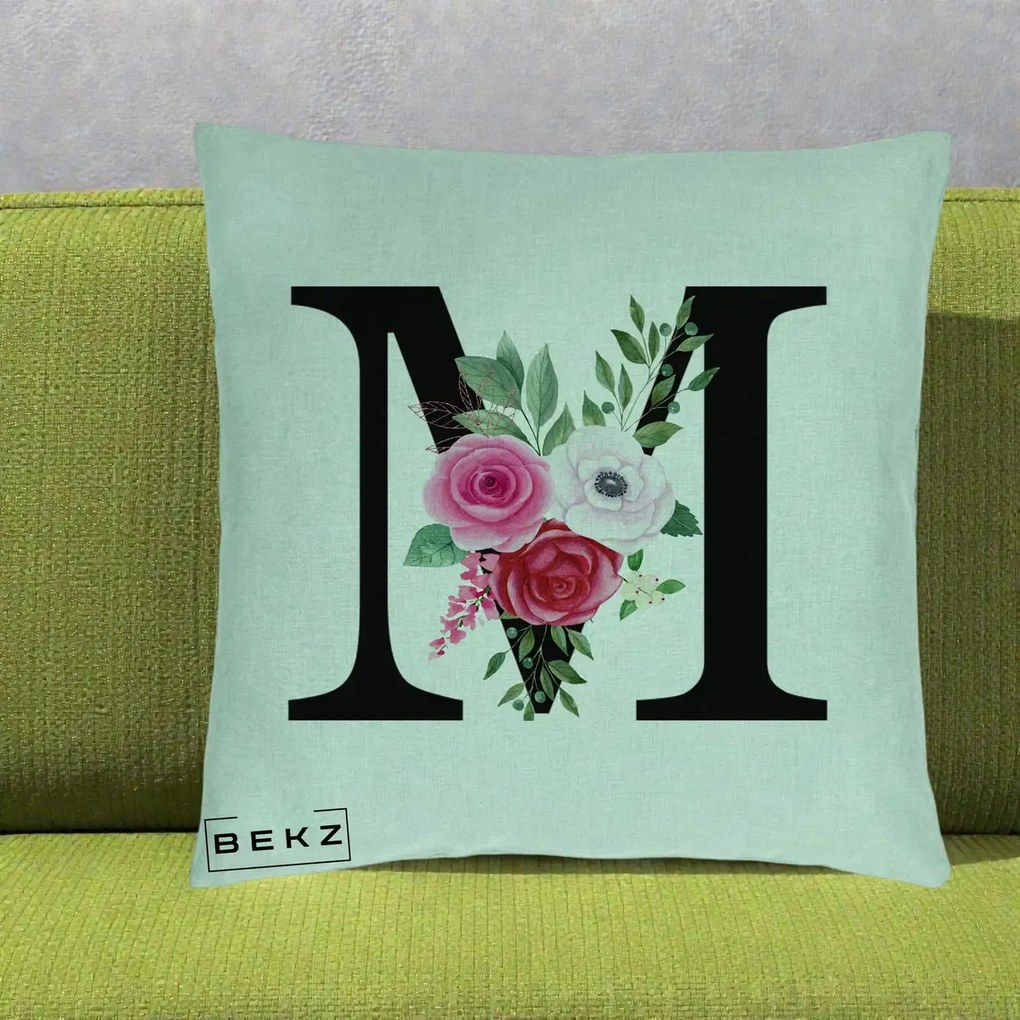 Cadou Personalizat - Perna Personalizata Monograma Florala Litera M cu Trandafiri si Anemona, 40x40 cm, Verde Menta, Husa Detasabila, Perna Inclusa, BEKZ®