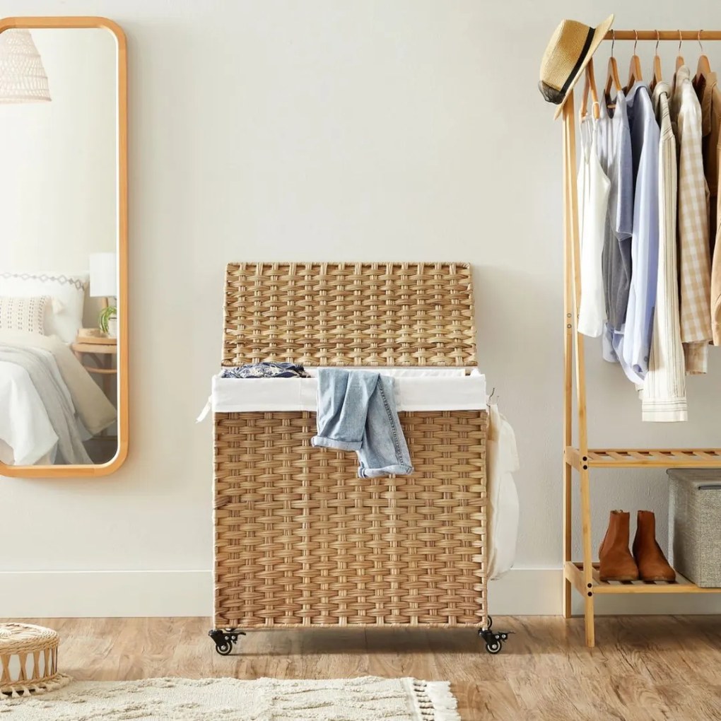 Coș de rufe pe roți din ratan sintetic AVA, 140L, maro natural SongmicsHome
