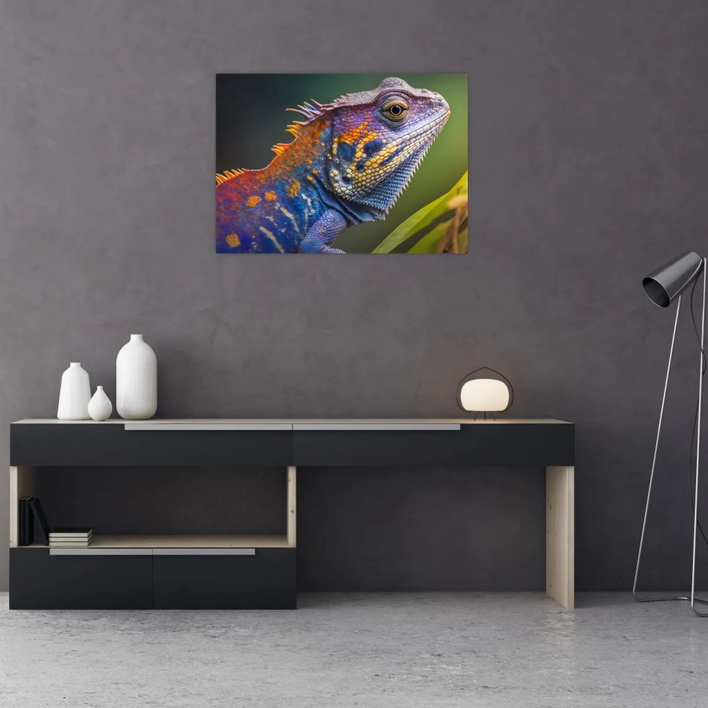 Tablou pe sticlă - Iguana colorată (70x50 cm)