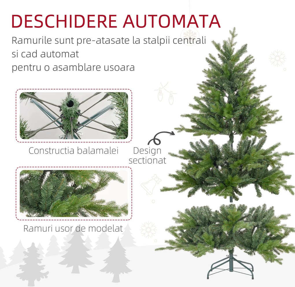 HOMCOM Brad de Crăciun Artificial cu 1309 Crengi, Pliabil cu Bază Metalică, Ø105x150 cm, Verde | Aosom Romania