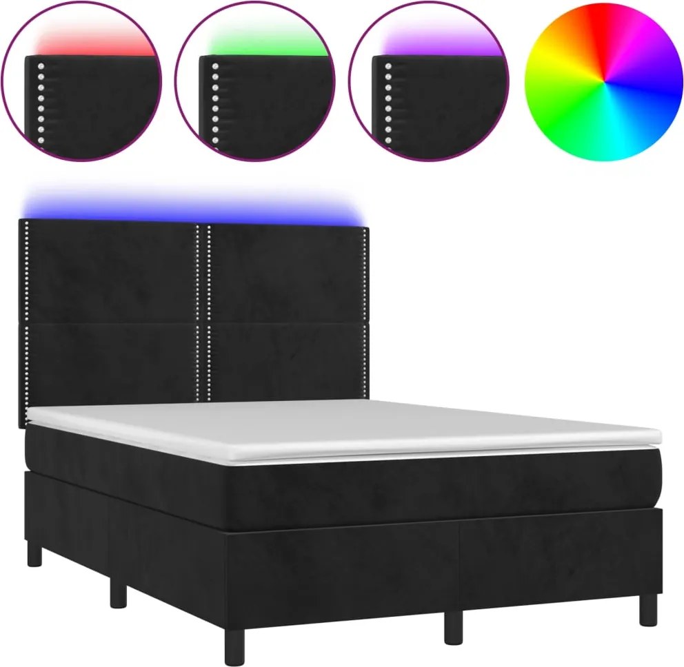 vidaXL Pat cu arcuri, saltea și LED, negru, 140x200 cm, catifea