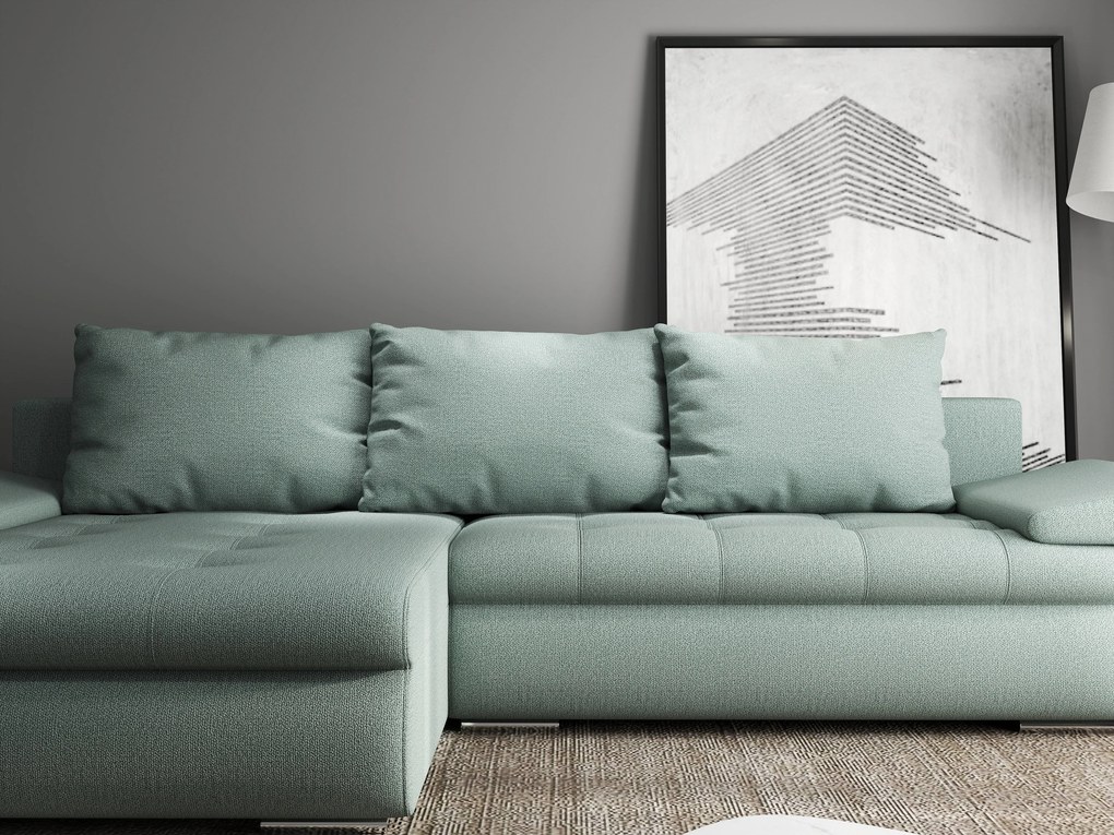 Colțar extensibil dumonde cu ladă de depozitare si sezut confortabil din spuma high-density, Leonardo Enjoy Mint 260x185 cm