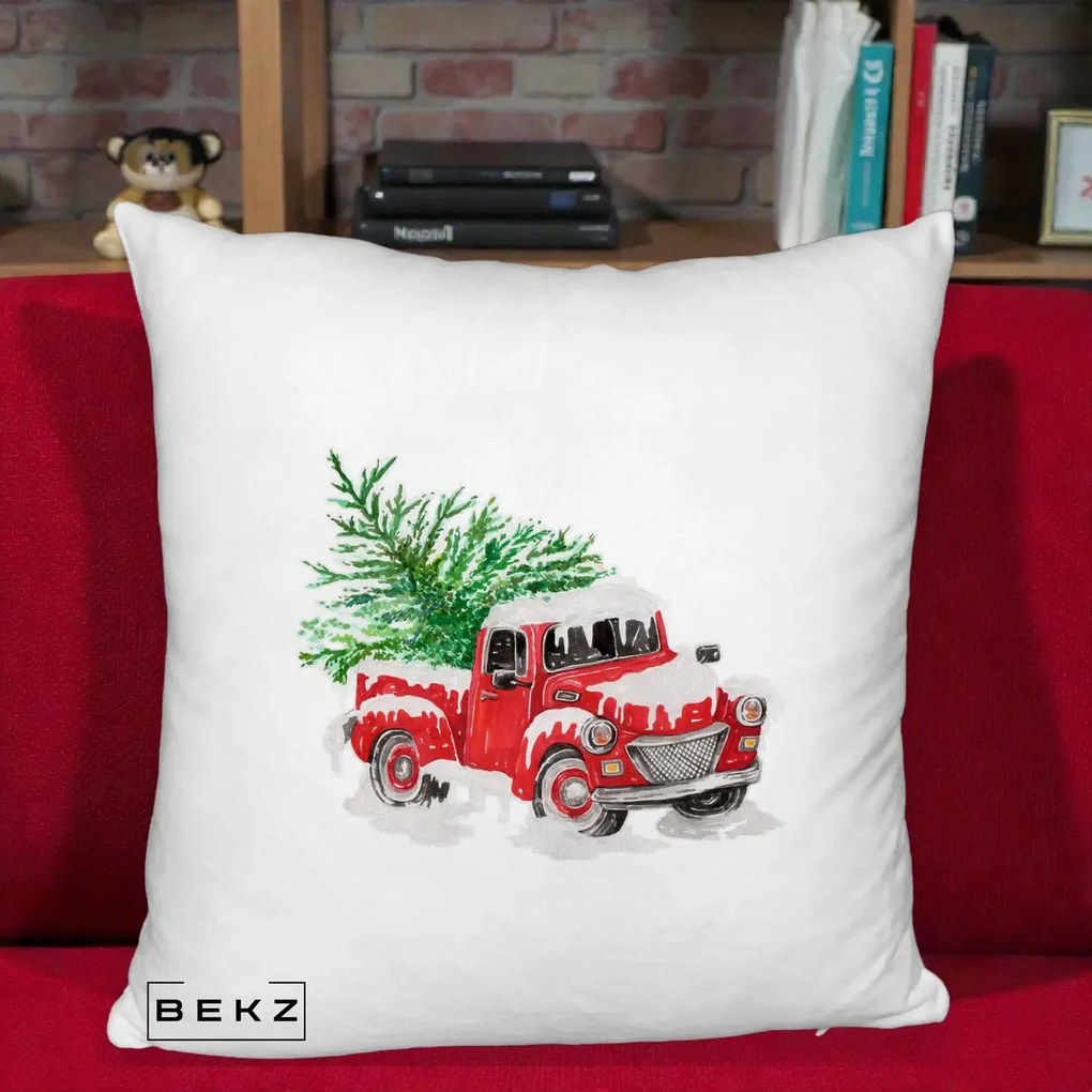Perna Decorativa Camioneta Rosie Brad de Craciun, 40x40 cm, Alb Pufos, Husa Detasabila, Perna Inclusa, BEKZ®