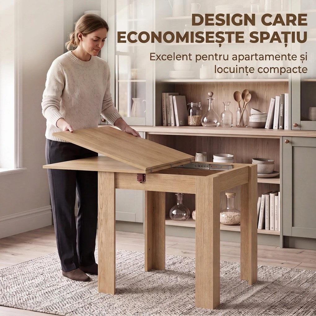 HOMCOM Masă de Dining Pliabilă pentru 4 Persoane, Rabatabilă cu Ghidaje din Oțel, PAL, 140x70x77 cm, Stejar | Aosom Romania