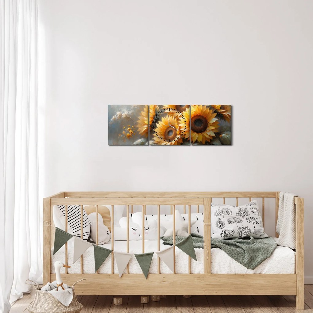 Tablou - Pictură cu floarea-soarelui (cu ceas) (90x30 cm)