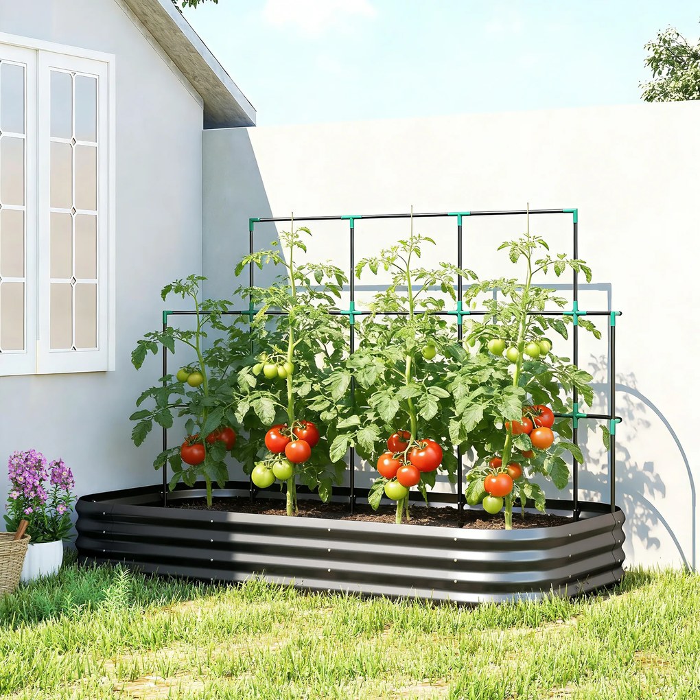 Outsunny Jardiniere Ridicate din Metal cu Grilaj, Pat de Grădină Înălțat cu Fund Deschis, Mănuși și Grilaj pentru Plante Cățărătoare, Legume și Flori, 220x110x150 cm, Gri Închis | Aosom Romania