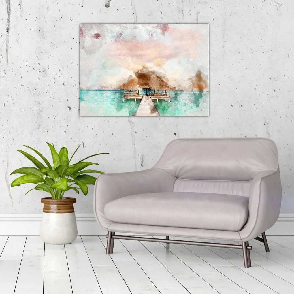 Tablou pe sticlă - Maldive, debarcader din lemn (70x50 cm)