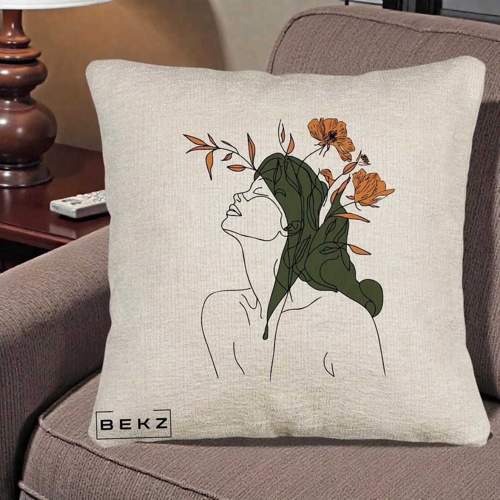 Perna Decorativa Portret Feminin Profil Flori Portocalii, 40x40 cm, Bej Canapea, Husa Detasabila, Perna Inclusa, BEKZ®