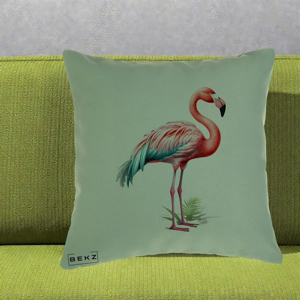 Perna Decorativa Flamingo Roz cu Pene Teal, 40x40 cm, Verde, Husa Detasabila, Perna Inclusa, BEKZ®