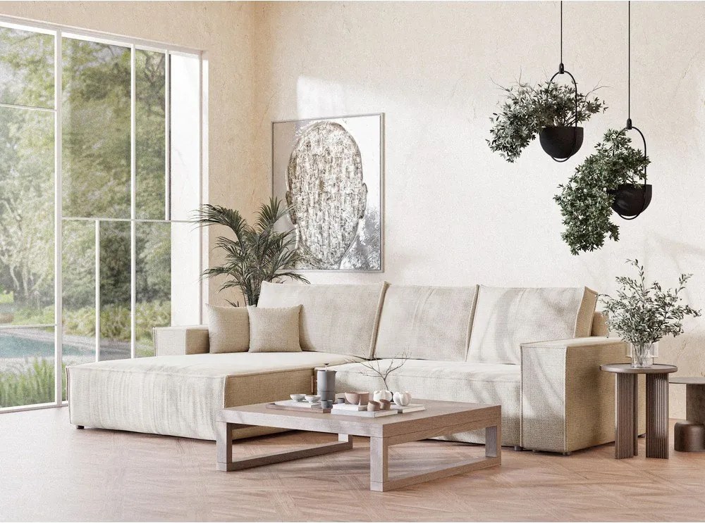 Colțar crem extensibil/cu spațiu de depozitare cu tapițerie din chenille (cu colț pe partea stângă/cu șezlong) Maze – Maison de Rêve