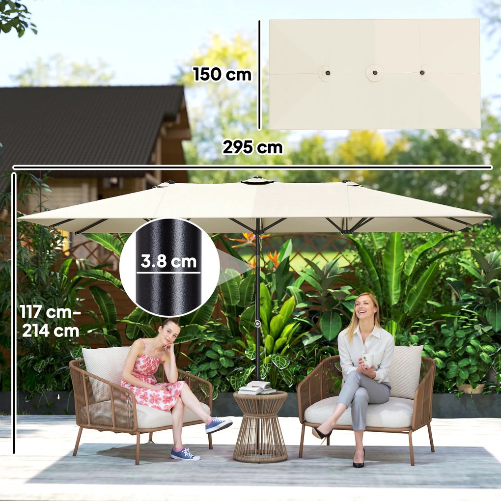 Outsunny Umbrelă de Grădină Dublă Înclinabilă și Reglabilă în Înălțime, 295x150x170-214 cm, Alb Crem | Aosom Romania